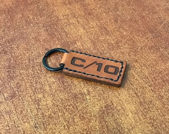 Hand Stitched, C/10 with customizable year, Saddle Tan Leather Keychains
