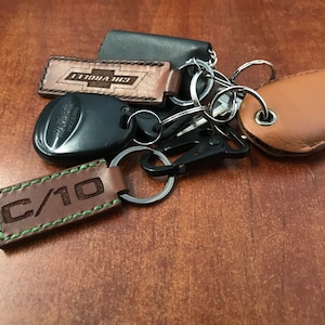 Hand Stitched, C/10 with customizable year, Tobacco Brown Leather Keychains image 9