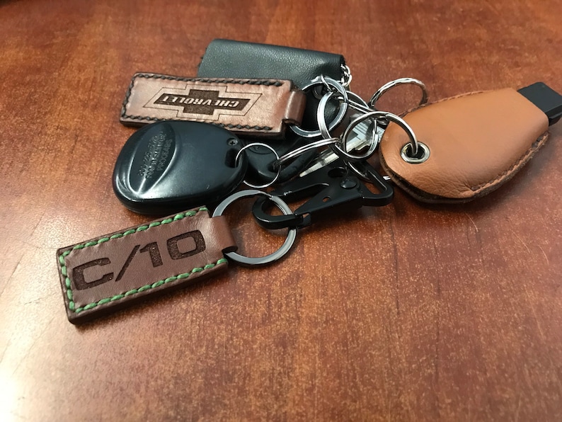 Hand Stitched, C/10 with customizable year, Tobacco Brown Leather Keychains image 9