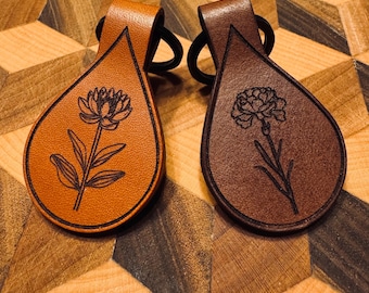 Birth Month Flower, Leather Tear Drop Keychain *Customizable*