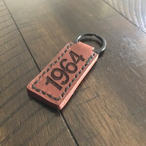 Hand Stitched, C/10 with customizable year, Tobacco Brown Leather Keychains image 7