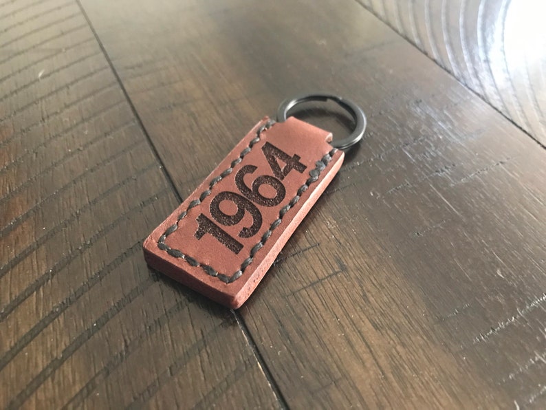 Hand Stitched, C/10 with customizable year, Tobacco Brown Leather Keychains image 7