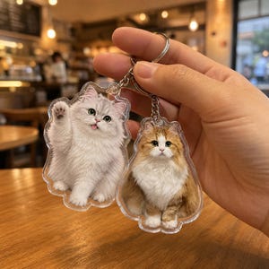 May include: A double acrylic keyring featuring two cat charms. One charm displays a fluffy white cat with green eyes and its tongue sticking out, while the other shows a long-haired orange and white cat with large eyes, both attached to a metal ring.
