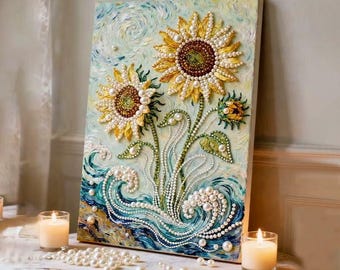 Kit de pintura DIY de girassol com pérolas | Arte de parede estilo pintura a óleo