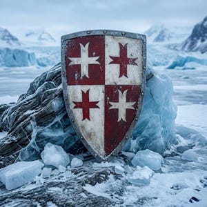 May include: A heater-style shield featuring a quartered design with alternating dark red and off-white sections. Each section contains a stylised cross with flared ends. The shield has a metallic border with visible rivets along the edge.