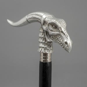 Könnte beinhalten: Ein Gehstock mit einem silberfarbenen Metallgriff in Form eines Drachenkopfes mit gebogenem Horn, strukturierten Schuppen und sichtbaren Zähnen. Der Griff ist an einem glatten, geraden, schwarzen Holzschaft mit einer silberfarbenen Metallmanschette befestigt.