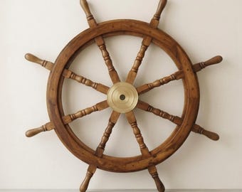 Timón de barco de madera hecho a mano, buje de latón macizo – Decoración náutica costera para pared
