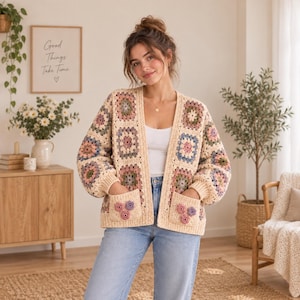 Crochet Cardigan Pattern PDF, Granny Square Cardigan, Floral Boho Sweater, Women Cardigan