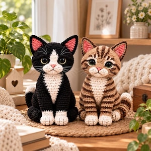 May include: Two handmade crochet cat plushies sitting side by side. One cat is black with a white chest, muzzle, and paws, while the other is a brown tabby with dark brown stripes, a white chest, and white paws. Both have large eyes and pink ears.