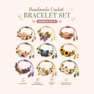 May include: A bundle of nine handmade crochet bracelets featuring floral and nature-inspired designs. Each bracelet includes intricate thread-work details such as flowers, a blue butterfly, a crescent moon, and leaves, finished with adjustable cords.