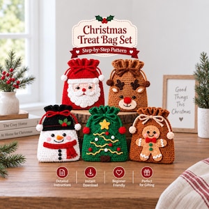 Può includere: Un set di cinque sacchetti natalizi per dolci realizzati all'uncinetto con Babbo Natale, una renna, un pupazzo di neve, un albero di Natale e un omino di pan di zenzero. Ogni sacchetto ha una chiusura a coulisse. Testo: Christmas Treat Bag Set.