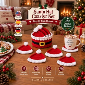 Christmas Crochet Coaster Pattern , Santa Hat & 6 Christmas Coasters and Basket, Holiday Mug Rug, Christmas Decor,