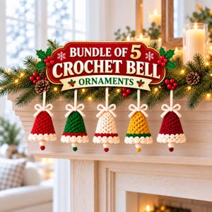 5-in-1 haakpatroon voor een kerstbel, haakpatroon voor een kerstornament, hangend ornament, kerstdecoratie