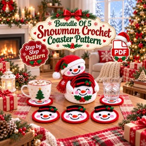 Snowman Crochet Coaster Pattern PDF,Christmas Mug Rug Set with Holder,Christmas Decor