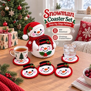 Snowman Crochet Coaster Pattern PDF,Christmas Mug Rug Set with Holder,Christmas Decor
