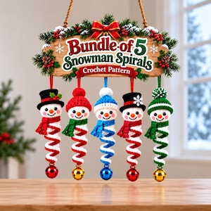 Kit com 5 espirais de crochê para cata-vento de boneco de neve, decoração de Natal, PDF para download imediato.