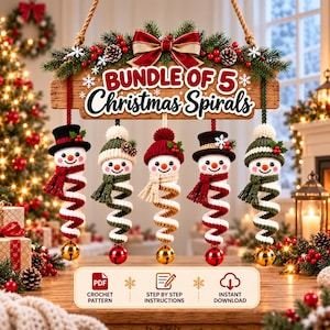 May include: A digital bundle of 5 crochet Christmas spiral snowman ornaments featuring a wooden sign with the text BUNDLE OF 5 Christmas Spirals, plus icons for PDF crochet pattern, step by step instructions, and instant download.