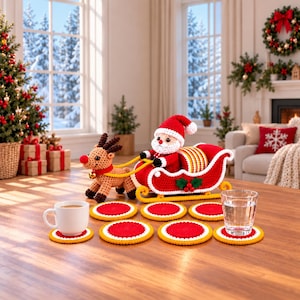 Crochet Christmas Coaster Pattern, Christmas Coasters with Sleigh & Reindeer PDF, Christmas Decor, Instant Downlaod
