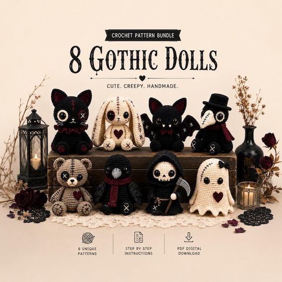 Gothic Crochet Pattern Bundle PDF, 8 Spooky Amigurumi Dolls, Halloween Plush, Instant Download