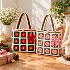 Crochet Tote Bag Pattern PDF, Floral Granny Square Purse, 2 Bag Designs with Bow Charms