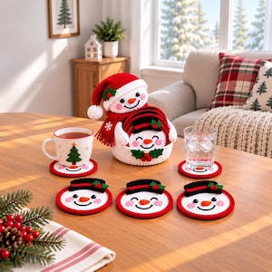 Bundle Of 5 Snowman Crochet Coaster Pattern PDF,Christmas Mug Rug Set with Holder,Christmas Decor