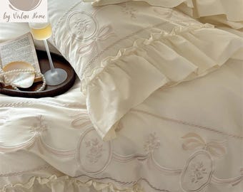1000TC Egyptian Cotton Luxury Bedding Set, Floral Embroidery Duvet Cover, French Country Bedding, Queen King