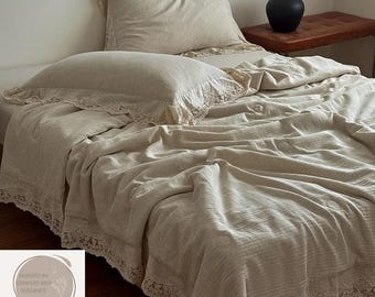 Trapunta estiva in cotone e lino, copriletto vintage con bordo in pizzo, coperta leggera in stile cottagecore, biancheria da letto in stile fattoria francese