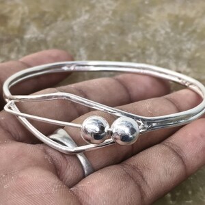 925 Sterling Silver Double Ball Hook Bangle Bracelet, Minimalist Handmade Cuff