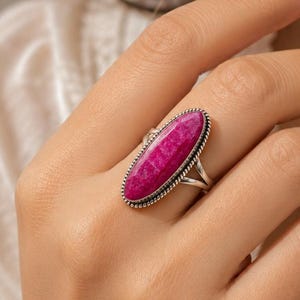 Natural Ruby Statement Ring, 925 Sterling Silver, Long Oval Gemstone, Artisan Boho Jewelry