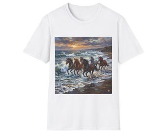 Wilde Pferde Laufen Strand T-Shirt | Seaside Sunset Ozean-Wellen-Shirt