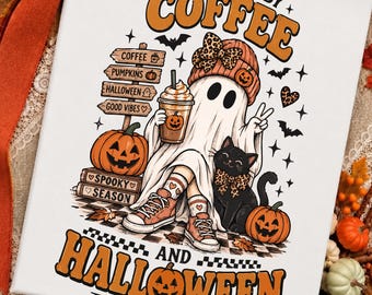 Powered By Coffee And Halloween PNG, Cute Ghost Coffee Lover Shirt Design, Spooky Season Sublimation, Fall Pumpkin Graphic