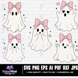 May include: A collection of five white ghost illustrations, each wearing a large pink bow. The ghosts feature various expressions including heart-shaped eyes, winking, and smiling, accented by small pink hearts and black four-pointed stars.