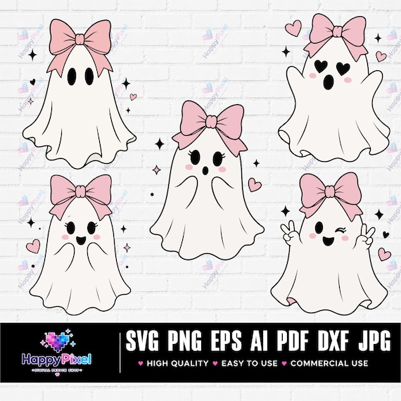 Coquette Halloween Ghost SVG Bundle, Cute Ghost With Pink Bow PNG, Kawaii Ghost Cricut Cut File, Girly Spooky Season Shirt Design, Halloween