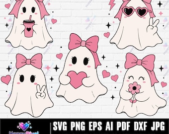 Cute Ghost svg, Preppy Ghost Coquette png Bundle, Cute Halloween svg, Halloween Clipart, Cricut Cut File, Ghost png