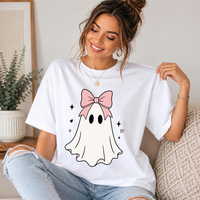 Coquette Halloween Ghost SVG Bundle, Cute Ghost With Pink Bow PNG, Kawaii Ghost Cricut Cut File, Girly Spooky Season Shirt Design, Halloween image 3