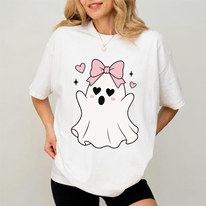 Coquette Halloween Ghost SVG Bundle, Cute Ghost With Pink Bow PNG, Kawaii Ghost Cricut Cut File, Girly Spooky Season Shirt Design, Halloween image 5