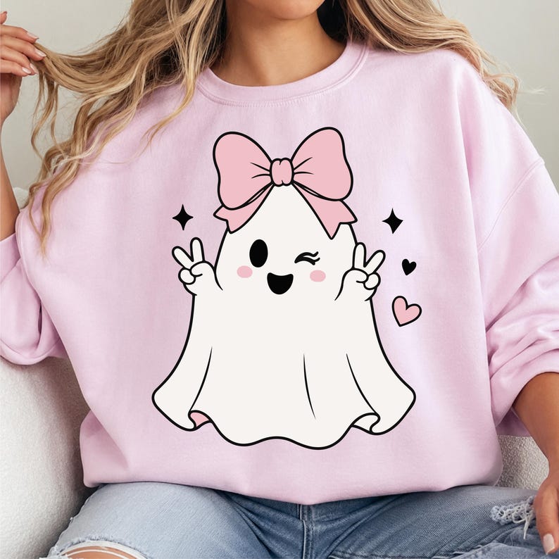 Coquette Halloween Ghost SVG Bundle, Cute Ghost With Pink Bow PNG, Kawaii Ghost Cricut Cut File, Girly Spooky Season Shirt Design, Halloween image 9