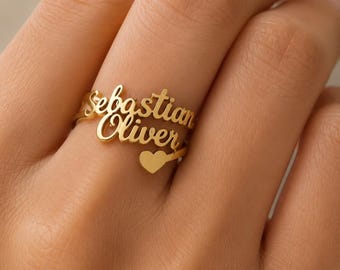 Anillo con nombre personalizado, chapado en oro a medida, anillo abierto ajustable, joyería para uso diario.