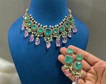 Groene Kundan-bruidsketting set met oorbellen – Handgemaakte statement choker, trouwsieraden