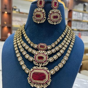 Kundan Polki 3 Layer Bridal Necklace Set, Indian Pakistani Wedding Jewelry, Emerald Ruby Choker Earrings, Multicolor Party Wear Gift