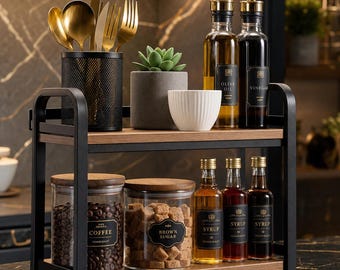Coffee Bar Storage Organizer 2 Tier Wooden Counter Shelf | Farmhouse Kitchen Decor