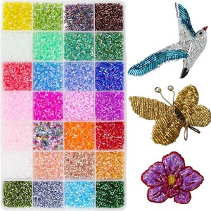 May include: A rectangular clear plastic storage container filled with twenty-four compartments of multi-colored glass seed beads, alongside three beaded patches shaped like a bird, a butterfly, and a flower with intricate metallic thread details.