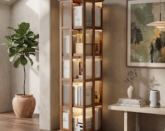 360 Rotating Bookshelf, Tall Modern Japandi Bookcase, Narrow Floor Standing Storage Tower, Fluted Panels, 5 and 6 Tier Display Cabinet