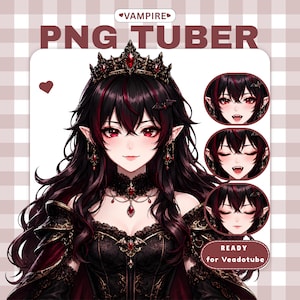 Puede incluir: Una ilustración digital de un personaje vampiro con cabello largo oscuro, reflejos rojos y orejas puntiagudas. El personaje lleva una corona negra, una gargantilla de encaje con una gema roja y un vestido negro. Incluye tres expresiones faciales y texto.