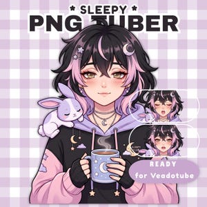 Puede incluir: Una ilustración digital de un personaje con cabello negro y rosa, vistiendo una sudadera negra y rosa, sosteniendo una taza azul con diseño de luna y estrellas. Un pequeño conejo blanco y morado descansa sobre el hombro. Texto SLEEPY PNG TUBER y READY for Veadotube.
