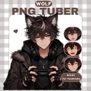 Könnte beinhalten: Eine digitale Charakterillustration einer Person mit Wolfsohren und dunklem Haar, die einen schwarzen Kapuzenpullover, Kopfhörer und fingerlose Handschuhe trägt und einen Gamecontroller hält. Enthält drei runde Gesichtsausdruck-Icons.
