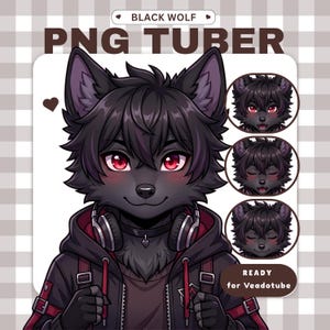 May include: A digital illustration of a black wolf character with red eyes, wearing a black hoodie with red accents and headphones. The character has dark fur, a small heart pendant, and is presented with three circular facial expression icons.