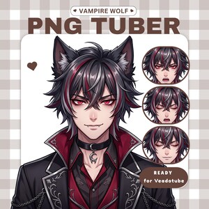 May include: A digital illustration of a vampire wolf character with dark hair, red highlights, and pointed ears. The character wears a black and red jacket, a black choker with a crescent moon charm, and displays three facial expressions on the side.