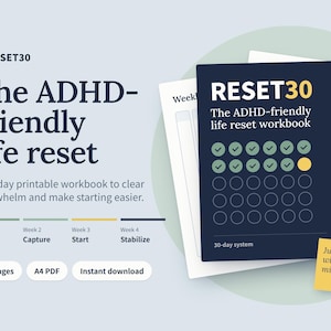 Może przedstawiać: 56-stronicowy zeszyt ćwiczeń do druku w formacie A4 zatytułowany RESET30 The ADHD-friendly life reset. Ciemnoniebieska okładka zawiera 30-dniowy tracker z zielonymi haczykami i jednym żółtym kółkiem. Tekst zawiera Week 1 Clear, Week 2 Capture, Week 3 Start, Week 4 Stabilize oraz Just start with 5 minutes.