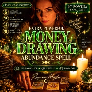 Könnte beinhalten: Eine digitale Grafik mit dem Text EXTRA POWERFUL MONEY DRAWING ABUNDANCE SPELL in großen grünen Buchstaben. Das Bild enthält Symbole für Reichtum, neue Möglichkeiten, finanzielle Stabilität und Glück sowie Kerzen, Tarotkarten und Münzen.